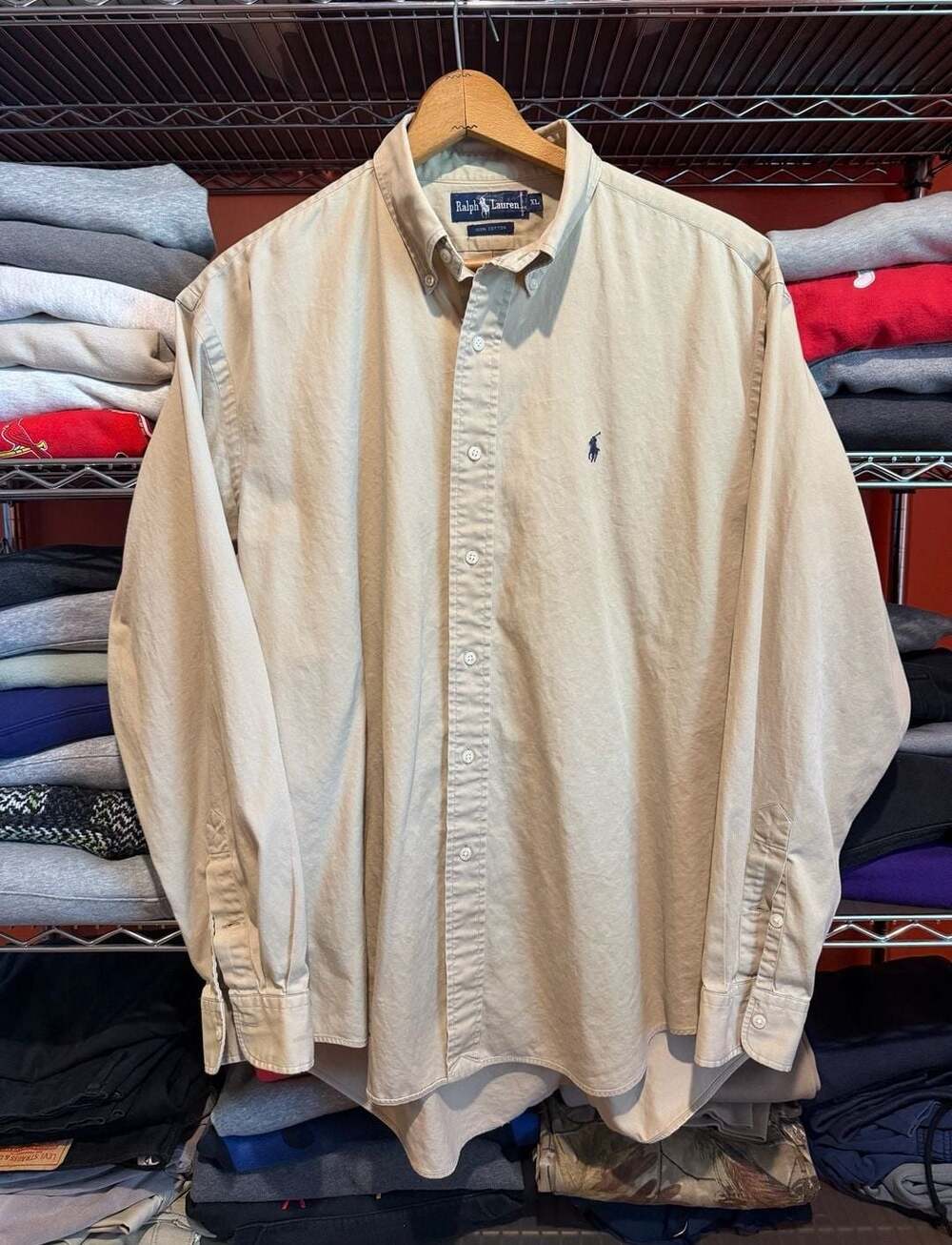 90s Ralph Lauren Button Down Shirt Size XL Beige Long Sleeve